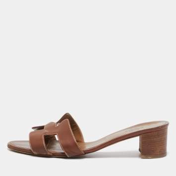 Pre Owned Hermes Brown Leather Oasis Block Heel Slide Sandals Size 41
