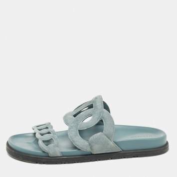 Pre Owned Hermes Grey Suede Extra Slides Size 39.5