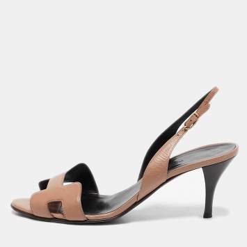 Pre Owned Hermes Light Brown Leather Night Slingback Sandals Size 38