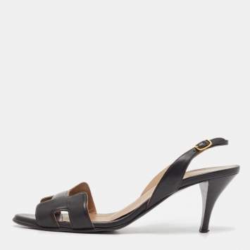 Pre Owned Hermes Black Leather Night Slingback Sandals Size 38