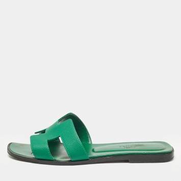 Pre Owned Hermes Green Leather Oran Slide Sandals Size 37