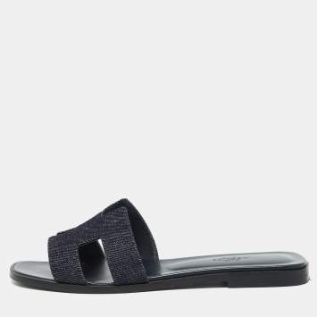 Pre Owned Hermes Navy Blue Denim Oran Flat Sandals Size 39