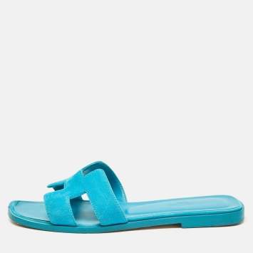 Pre Owned Hermes Blue Suede Oran Flat Slides Size 37