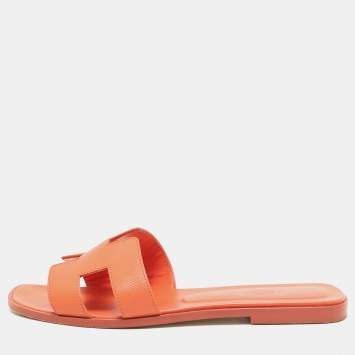 Pre Owned Hermes Orange Leather Oran Flat Sandals Size 40