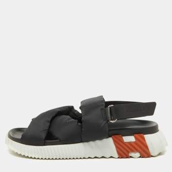 Pre Owned Hermes Black Parachute Fabric Electric Flat Sandals Size 37.5