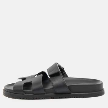 Pre Owned Hermes Black Leather Chypre Flat Sandals Size 39