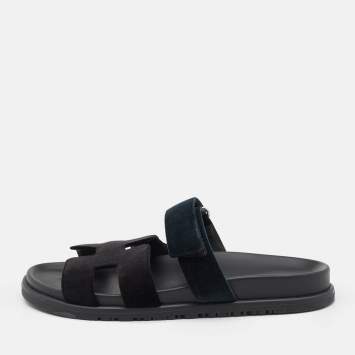Pre Owned Hermes Black/Green  Velvet Chypre Flat Sandals Size 40