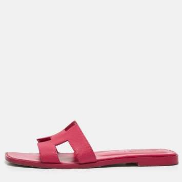 Pre Owned Hermès Pink Leather Oran Flat Slide Sandals Size 38