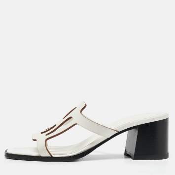 Pre Owned Hermes White Leather Izzy Slide Sandals Size 38.5