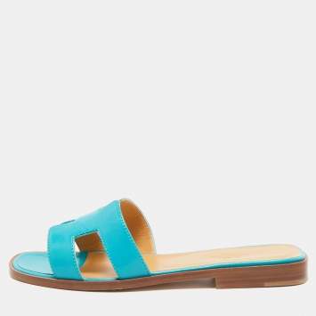 Pre Owned Hermes Turquoise Leather Oran Flat Slides Size 36