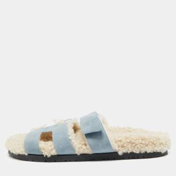 Pre Owned Hermes Blue Fur and Suede Chypre Flat Sandals Size 39