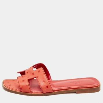 Pre Owned Hermes Orange Ostrich Leather Oran Flat Slides Size 36.5