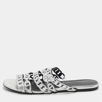 Pre Owned Hermes Silver Leather Chaine d'Ancre Flat Slides Size 37