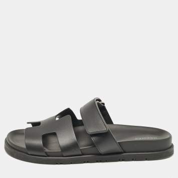 Pre Owned Hermes Black Leather Chypre Flat Sandals Size 40