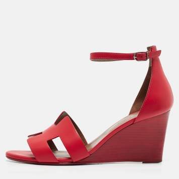 Pre Owned Hermes Orange Leather Legend Ankle Strap Wedge Sandals Size 40.5
