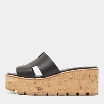 Pre Owned Hermes Black Leather Eze Cork Platform Wedge Sandals Size 38