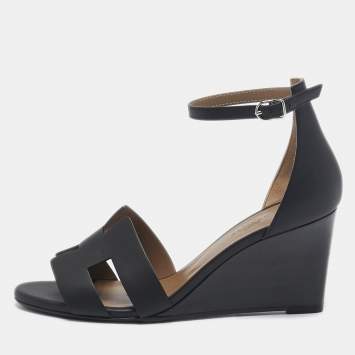 Pre Owned Hermes Black Leather Legend Wedge Sandals Size 37.5