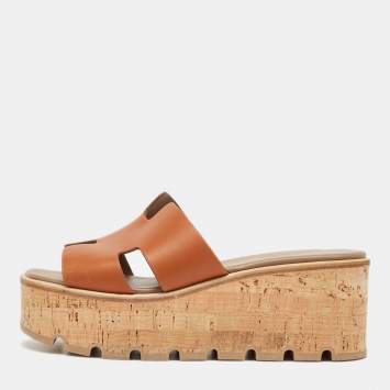 Pre Owned Hermes Brown Leather Eze Platform Cork Wedge Sandals Size 38