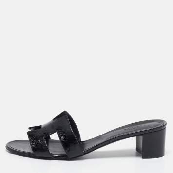 Pre Owned Hermes Black Patent Leather Oasis Slide Sandals Size 40.5