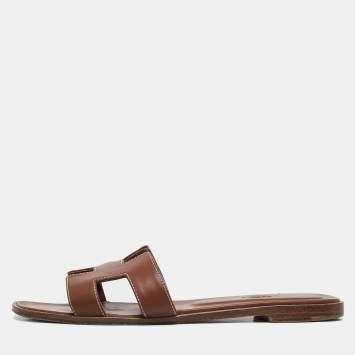 Pre Owned Hermes Brown Leather Oran Flat Slides Size 39