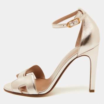 Pre Owned Hermes Metallic Leather Premiere 70 Ankle Strap Sandals Size 37.5