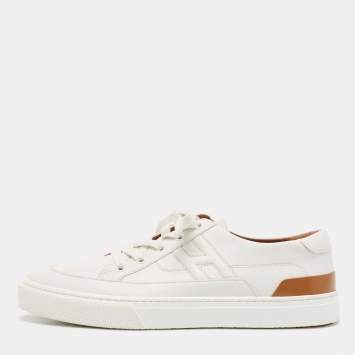 Pre Owned Hermes White/Brown Leather Deep Low Top Sneakers Size 41          