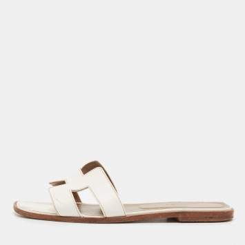Pre Owned Hermes White Leather Oran Flat Slides Size 39 
