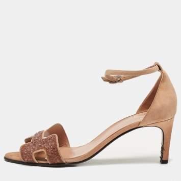 Pre Owned Hermes Beige Suede Embellished Premiere 70 Ankle Strap Sandals 40 