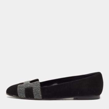 Pre Owned Hermes Black Suede and Crystal Nice Ballet Flats Size 37