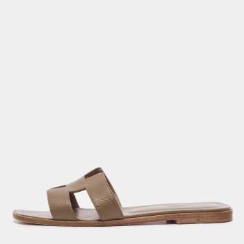 Pre Owned Hermes Brown Leather Oran Flat Slides Size 38