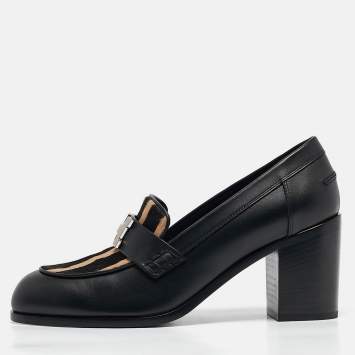 Pre Owned Hermes Black/Beige Calf Hair and Leather Dauphine Loafers Size 38