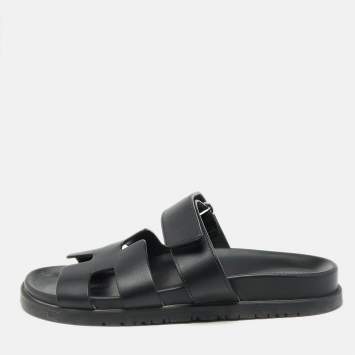 Pre Owned Hermes Black Leather Chypre Sandals Size 36.5