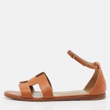 Pre Owned Hermes Brown Leather Santorini Ankle Strap Flat Sandals Size 37