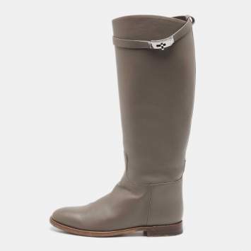 Pre Owned Hermes Grey Leather Kelly Jumping Knee Length Boots Size 39
