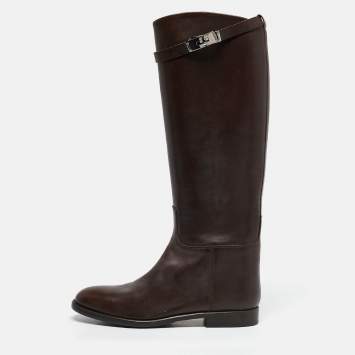 Pre Owned Hermes Dark Brown Leather Kelly Jumping Knee Length Boots Size 39.5