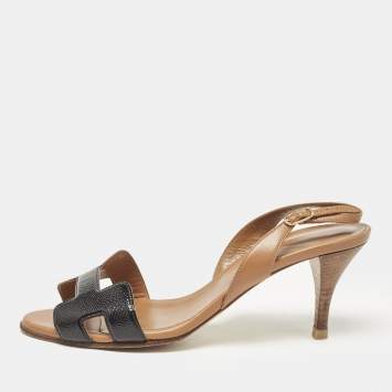 Pre Owned Hermes Brown/Black Leather and Patent Leather Night Slingback Sandals Size 37.5