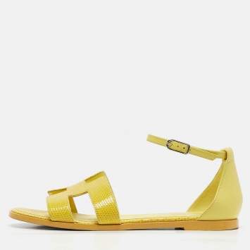 Pre Owned Hermes Yellow Lizard Santorini Ankle Strap Sandals Size 38.5
