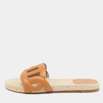 Pre Owned Hermès Brown Leather Famosa Flat Slides Size 38