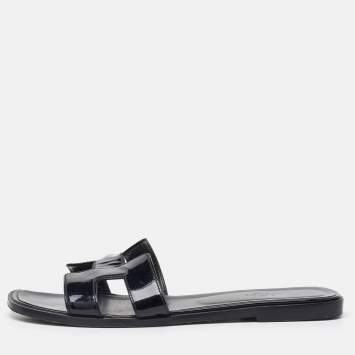 Pre Owned Hermes Black Patent Leather Oran Flat Slide Sandals Size 40