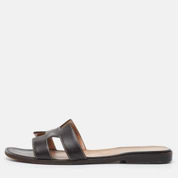 Pre Owned Hermes Dark Brown Leather Oran Flat Slide Sandals Size 40