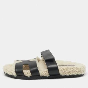 Pre Owned Hermes Black Shearling Fur and Suede Chypre Flat Sandals Size 40
