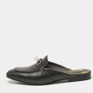 Hermes Black Leather Oz Flat Mules Size 38.5