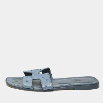 Pre Owned Hermes Blue Ostrich Leather Oran Flat Slide Sandals Size 40