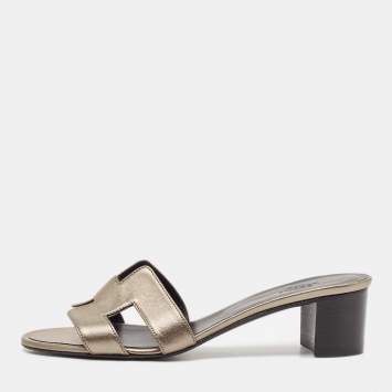 Pre Owned Hermes Metallic Grey Leather Oasis Slide Sandals Size 39