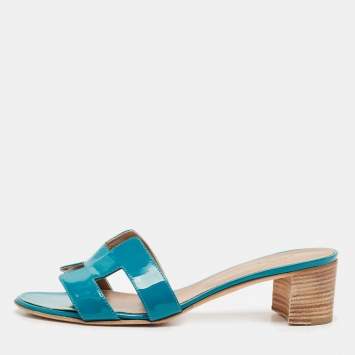 Pre Owned Hermes Teal Green Patent Leather Oasis Slide Sandals Size 39