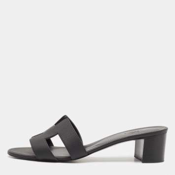 Pre Owned Hermes Black Leather Oasis Block Heel Slide Sandals Size 39