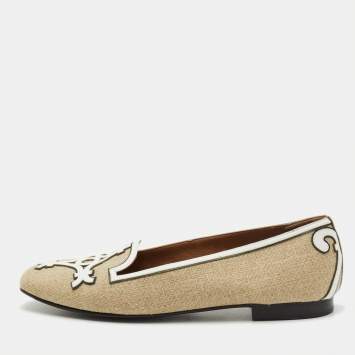 Hermes Brown/White Canvas and Leather Slip On Loafers Size 38