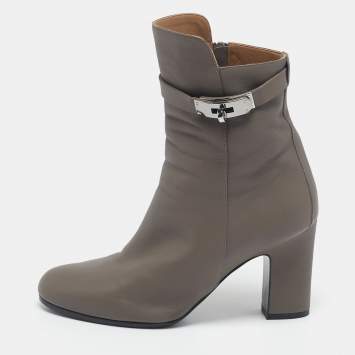 Pre Owned Hermès Grey Leather Joueuse Ankle Length Boots Size 38