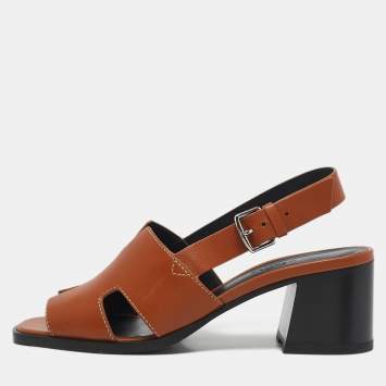 Pre Owned Hermes Tan Leather Elbe Slingback Sandals Size 37