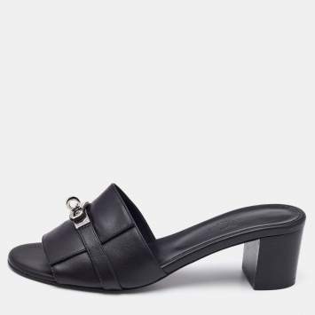 Pre Owned Hermes Black Leather Gigi Slide Sandals Size 39